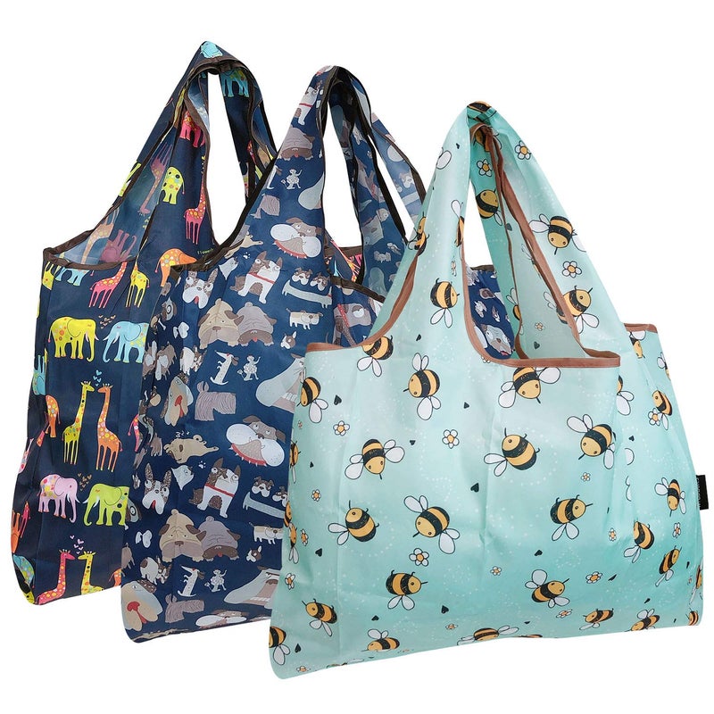 allydrew Large Foldable Tote Nylon Reusable Grocery Bag, 3 Pack, Animal Fun - Image 1